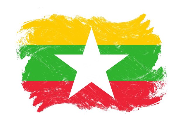 Bandera de Myanmar sobre fondo de pincel de trazo blanco grunge angustiado