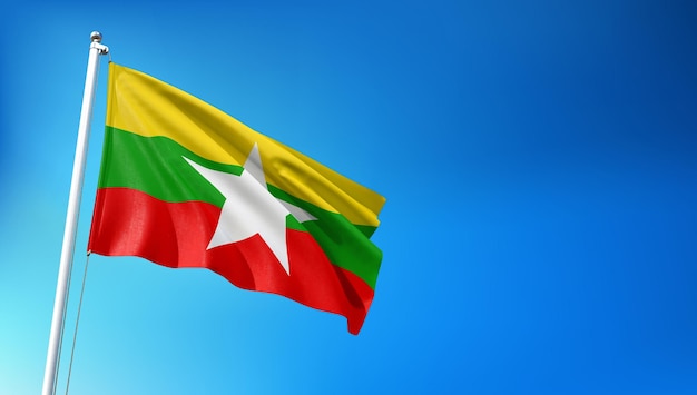 Bandera de Myanmar volando sobre fondo de cielo azul 3D Render