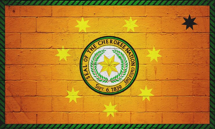 Foto bandera de la nación cherokee pintada en una pared.