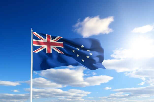 Bandera nacional de Australia contra un hermoso cielo azul y amarillo