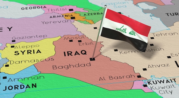 La bandera nacional de Bagdad en Irak fijada en el mapa político Ilustración en 3D