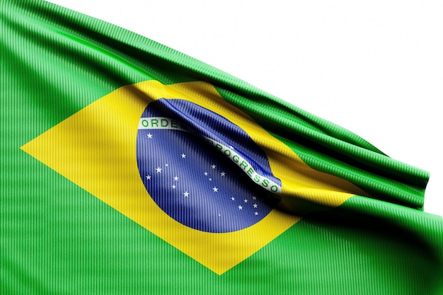 La bandera nacional de Brasil de los textiles en la ilustración 3D de enfoque suave del poste