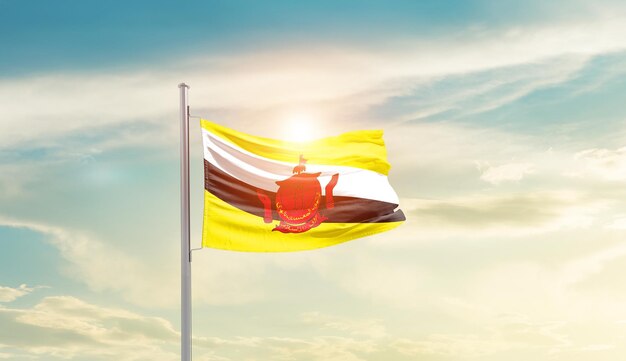 Bandera nacional de brunei ondeando en un hermoso cielo