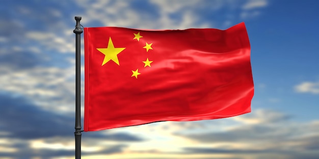 Bandera nacional de China ondeando en el cielo azul ilustración 3d de fondo