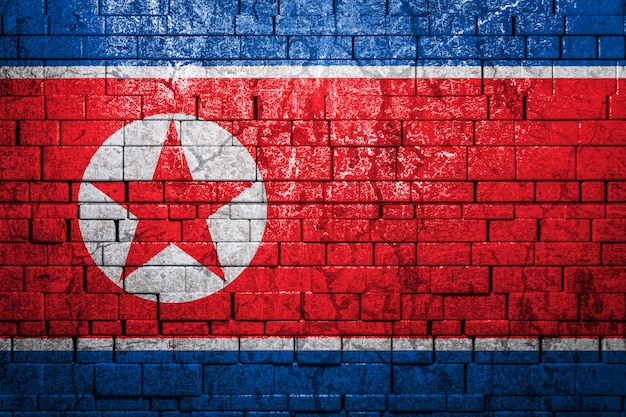 Bandera nacional de Corea del Norte en la pared de ladrillo. El concepto de orgullo nacional y símbolo del país.