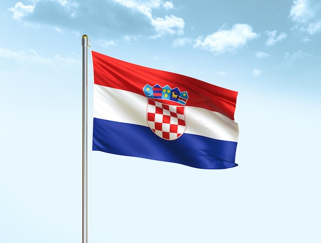 Bandera nacional de Croacia ondeando en el cielo azul con nubes Bandera de Croacia Ilustración 3D