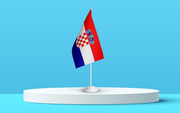 La bandera nacional de Croacia en un podio 3D y fondo azul.