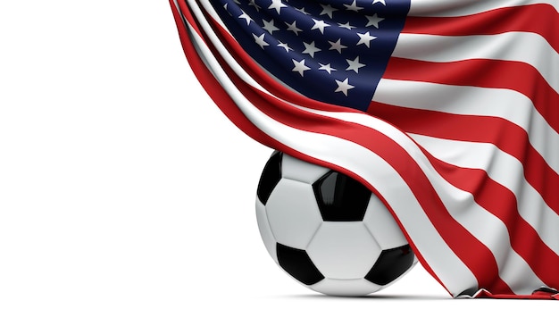 La bandera nacional de los E.E.U.U. cubre una pelota de fútbol 3D Rendering