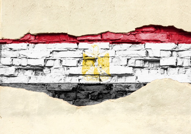 Bandera nacional de Egipto sobre un fondo de ladrillo. Pared de ladrillo con yeso, fondo o textura parcialmente destruidos.