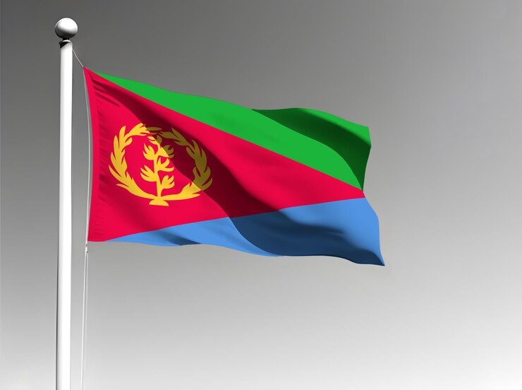 Foto bandera nacional de eritrea ondeando sobre fondo gris