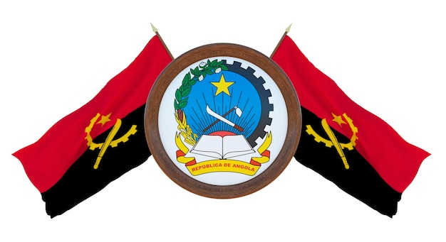 Bandera nacional y el escudo de armas Ilustración 3D de Barbados Fondo con bandera de Angola