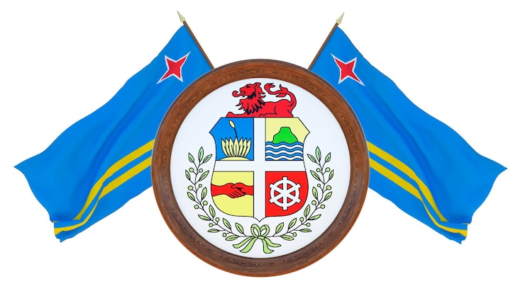 Foto bandera nacional y el escudo de armas ilustración 3d de barbados fondo con bandera de aruba