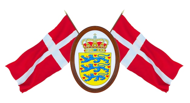 Bandera nacional y el escudo de armas Ilustración 3D de Barbados Fondo con bandera de Dinamarca