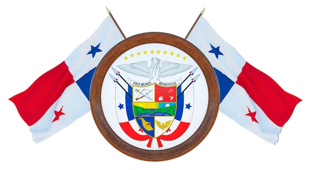 Bandera nacional y el escudo de armas Ilustración 3D de Barbados Fondo con bandera de Panamá