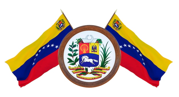 Bandera nacional y el escudo de armas Ilustración 3D de Barbados Fondo con bandera de Venezuela