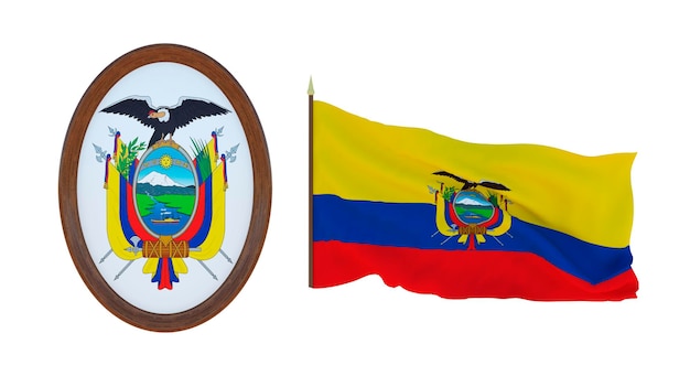 La bandera nacional y el escudo de armas ilustración 3D de Ecuador