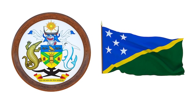 Bandera nacional y el escudo de armas Ilustración 3D de las Islas Salomón