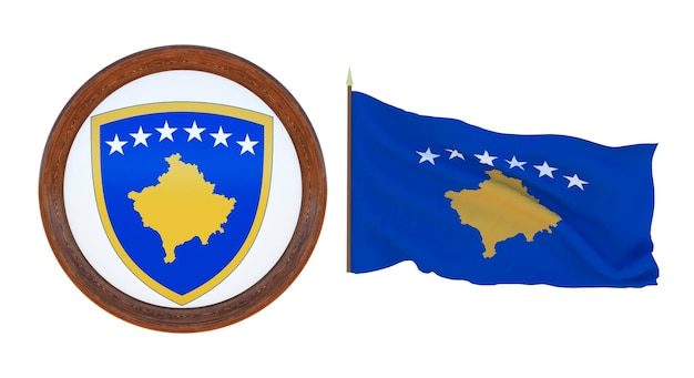 Bandera nacional y el escudo de armas Ilustración 3D de Kosovo