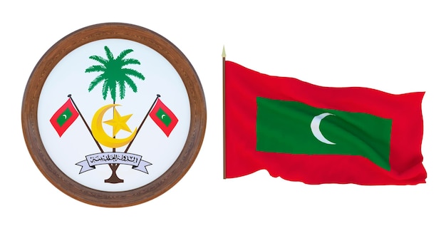 Bandera nacional y el escudo de armas Ilustración 3D de Maldivas