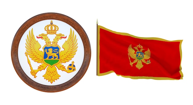 Bandera nacional y el escudo de armas Ilustración 3D de Montenegro