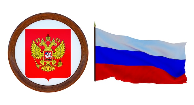 Bandera nacional y el escudo de armas Ilustración 3D de Rusia