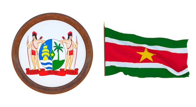 Bandera nacional y el escudo de armas Ilustración 3D de Surinam