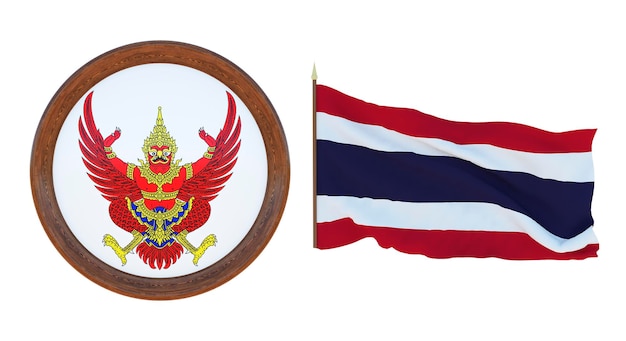 Foto la bandera nacional y el escudo de armas ilustración 3d de tailandia