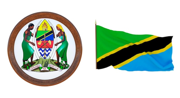 Bandera nacional y el escudo de armas Ilustración 3D de Tanzania