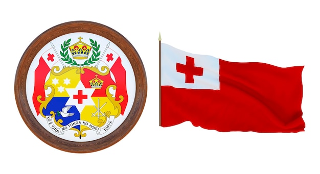 Bandera nacional y el escudo de armas Ilustración 3D de Tonga