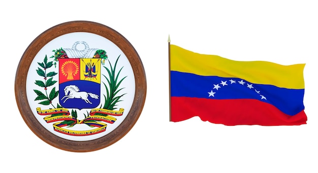 La bandera nacional y el escudo de armas ilustración 3D de Venezuela