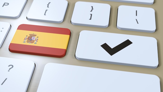 La bandera nacional de España y la marca de verificación o el botón Sí Ilustración 3D