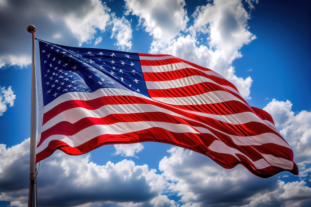 La bandera nacional de los Estados Unidos en el cielo azul con nubes Feliz Día del Trabajo Generativo Ai