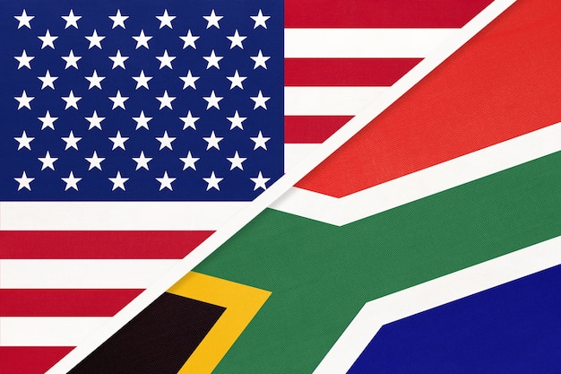 Bandera nacional de Estados Unidos vs República de Sudáfrica de textil.