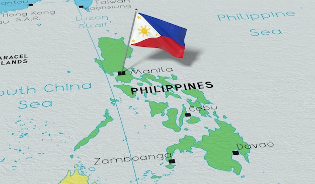 Foto la bandera nacional de filipinas en manila fijada en el mapa político ilustración en 3d