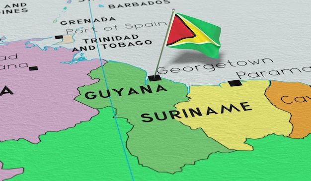 La bandera nacional de Guyana Georgetown fijada en el mapa político Ilustración en 3D