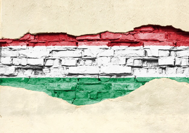 Bandera nacional de Hungría sobre un fondo de ladrillo. Pared de ladrillo con yeso, fondo o textura parcialmente destruidos.