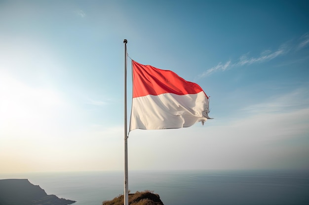 Bandera nacional de Indonesia ondeando en el cielo azul sobre el fondo del océano Bandera roja y blanca