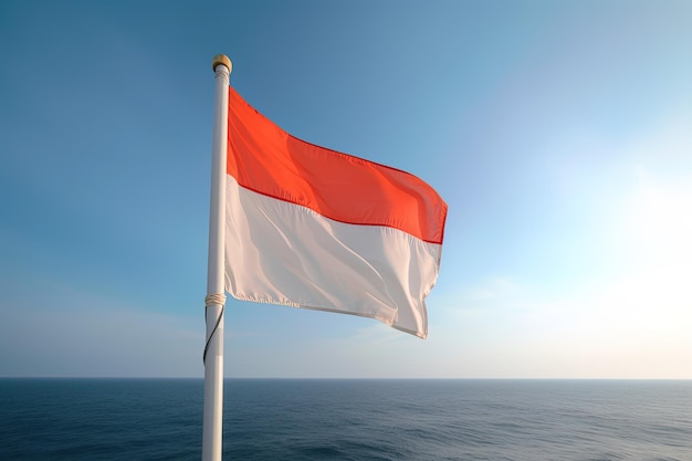 Bandera nacional de Indonesia ondeando en el cielo azul sobre el fondo del océano Bandera roja y blanca