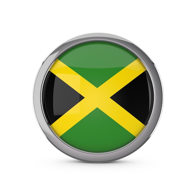 Bandera nacional de Jamaica en forma de círculo brillante con marco cromado 3D Rendering