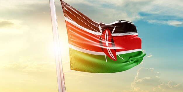 Foto la bandera nacional de kenya ondeando en el cielo