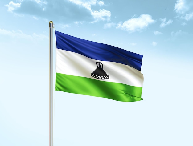 Bandera nacional de Lesotho ondeando en el cielo azul con nubes Ilustración 3D de la bandera de Lesotho