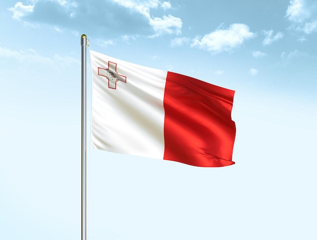 Bandera nacional de Malta ondeando en el cielo azul con nubes Bandera de Malta Ilustración 3D