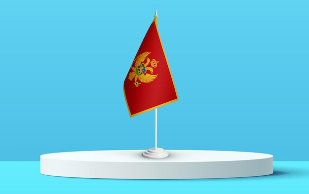 La bandera nacional de montenegro en un podio 3D y fondo azul.