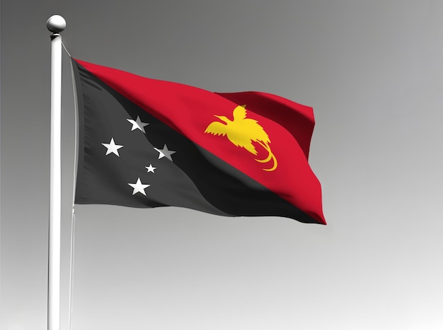 Bandera nacional de Papúa Nueva Guinea ondeando sobre fondo gris