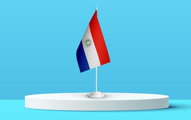 La bandera nacional de paraguay en un podio 3D y fondo azul.