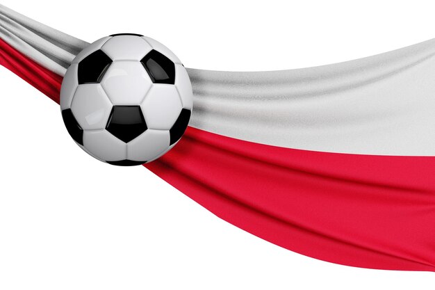 La bandera nacional de Polonia con un balón de fútbol Concepto de partidario de fútbol 3D Rendering