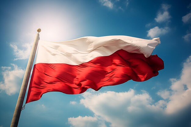 Foto la bandera nacional de polonia ondeando en un fondo azul con nubes en el cielo