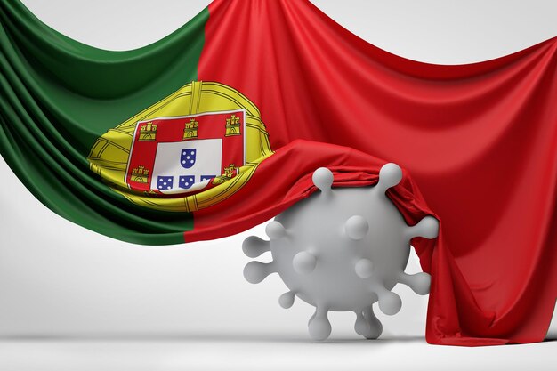 Foto bandera nacional de portugal sobre una representación de la molécula d de la enfermedad del virus covid