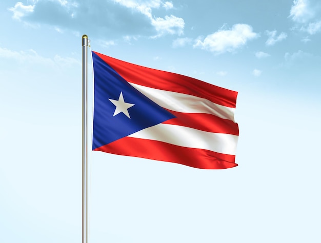 Bandera nacional de Puerto Rico ondeando en el cielo azul con nubes Bandera de Puerto Rico Ilustración 3D