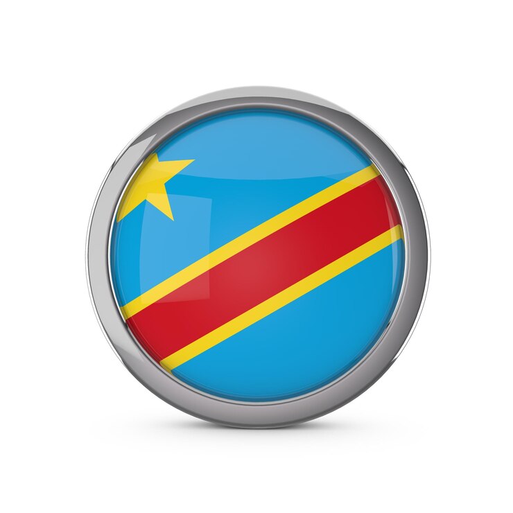 Foto bandera nacional de la república democrática del congo en forma de círculo brillante con marco cromado 3d rendering